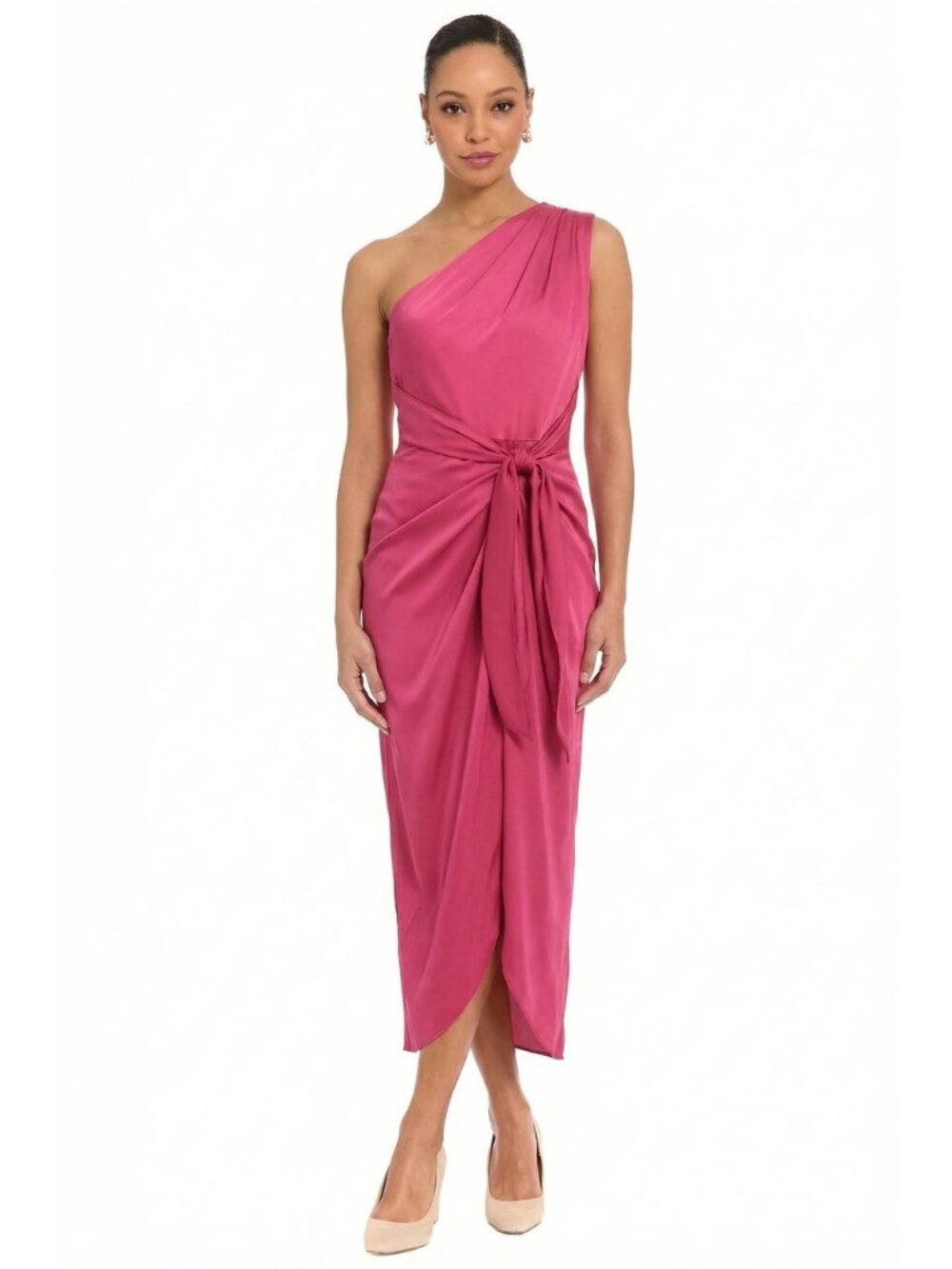 Donna Morgan One-Shoulder Midi Dress Asymmetrical neckline Pink Size 16 $178